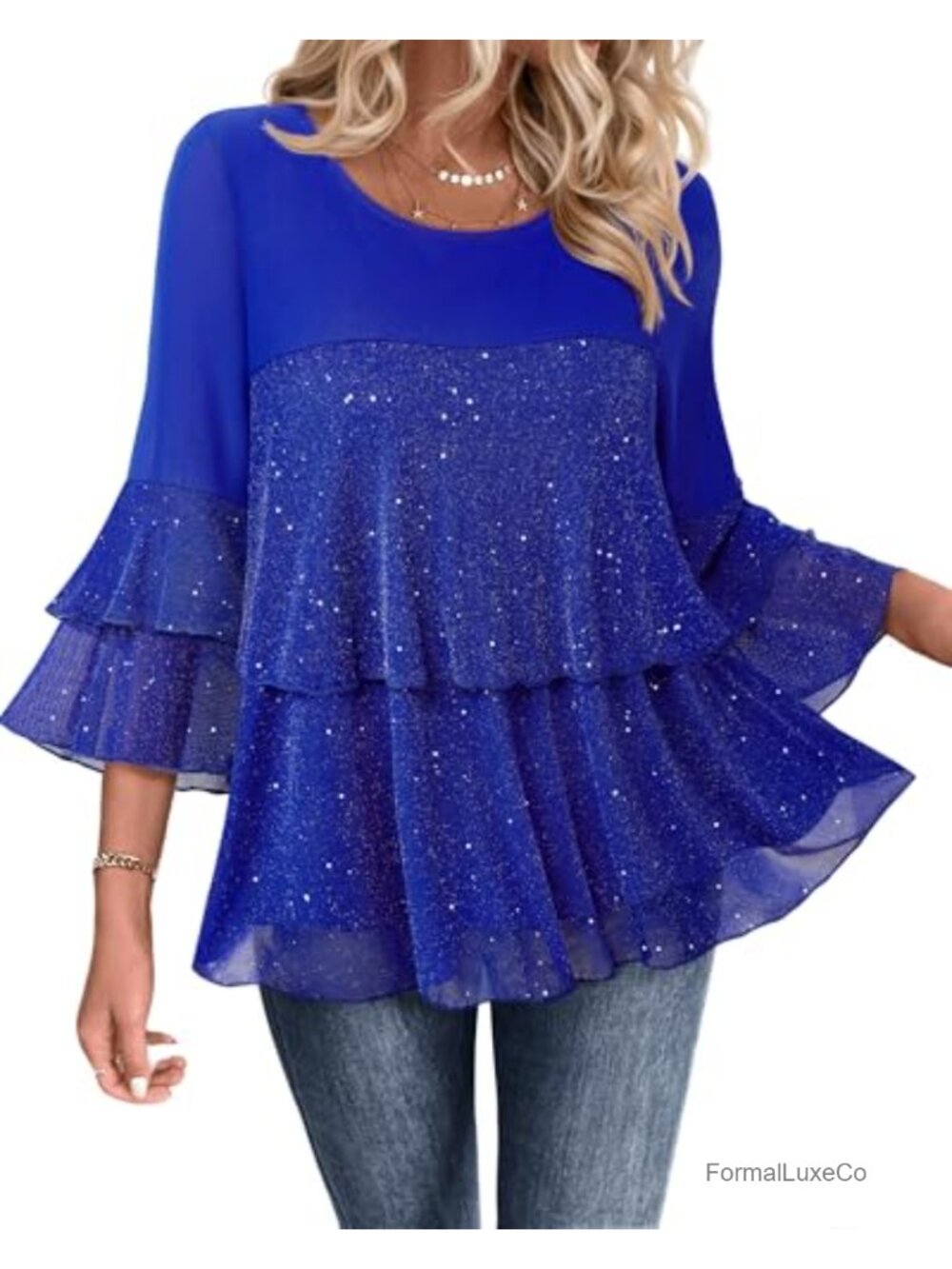 Womens Sparkly Peplum Top 3/4 Sleeve Ruffle Mesh Blouse Evening Party